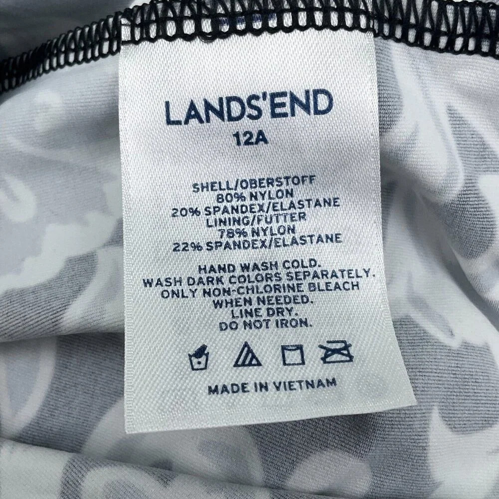 Lands End Swim Top Women 12A Black White Floral Bra Pads Wide Tankini Boho Beach